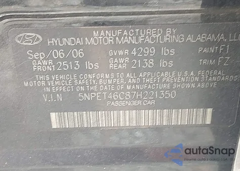 2007 Hyundai Sonata Gls z USA, uszkodzony, nr VIN 5NPET46C87H221350